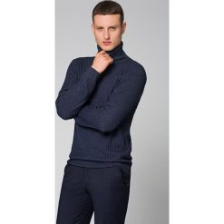 Golf Granatowy w Prążek Foster. Niebieskie swetry męskie LANCERTO, xl, bez wzorów, z bawełny, eleganckie, z golfem, bez kaptura. Za 299,90 zł.