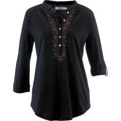 Shirt bawełniany, rękawy 3/4 bonprix czarny z nadrukiem. Czarne koszulki damskie bonprix, z nadrukiem, z bawełny, bez kołnierzyka. Za 69,99 zł.