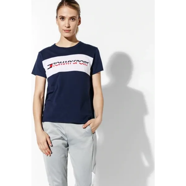Tommy Sport Koszulka Logo Driver , granatowy, rozmiar S. Niebieskie bluzki sportowe damskie TOMMY HILFIGER, s, bez wzorów, z bawełny, z okrągłym kołnierzem, bez rękawów, bez kaptura. W wyprzedaży za 159,99 zł.