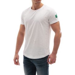 Męski t-shirt AMOS WHITE. Białe t-shirty męskie Męski t-shirt AMOS WHITE, s, bez wzorów, bez kołnierzyka. W wyprzedaży za 29,00 zł.