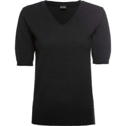Sweter z dekoltem w serek, krótki rękaw bonprix czarny. Czarne swetry damskie bonprix, bez wzorów, eleganckie, z krótkim rękawem, krótkie, bez kaptura. Za 49,99 zł.
