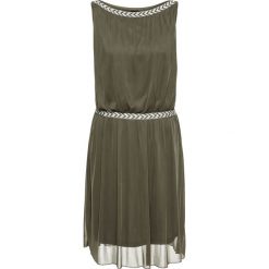 Sukienka shirtowa bonprix ciemnooliwkowy. Zielone sukienki damskie bonprix, w paski, z tkaniny, eleganckie, bez kołnierzyka, bez rękawów. Za 129,99 zł.
