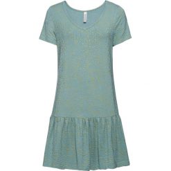 Sukienka shirtowa z falbaną bonprix niebieski mineralny w groszki. Niebieskie sukienki damskie bonprix, w grochy, bez kołnierzyka, bez rękawów. Za 64,99 zł.