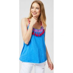 Top z frędzlami. Niebieskie bluzki damskie Moodo, s, bez wzorów, bez kołnierzyka. Za 19,99 zł.