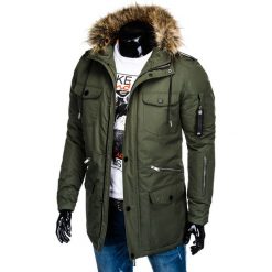 KURTKA MĘSKA ZIMOWA C382 - KHAKI. Brązowe kurtki męskie Ombre Clothing, na zimę, s, bez wzorów, bez kaptura. Za 119,00 zł.