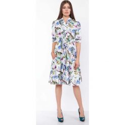 Zwiewna Sukienka Koszulowa w Liście z Falbankami. Białe sukienki damskie Molly.pl, s, z aplikacjami, z tkaniny, eleganckie, z falbankami, bez rękawów, rozkloszowane. Za 188,90 zł.