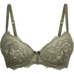 Biustonosz usztywniany bonprix oliwkowy. Zielone biustonosze bonprix, w koronkowe wzory, z koronki. Za 64,99 zł.
