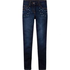 Dżinsy SKINNY z perełkami bonprix ciemny denim. Niebieskie spodnie dziewczęce bonprix, bez wzorów, z jeansu. Za 79,99 zł.