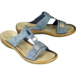 RIEKER 60884-14 blue, klapki damskie. Niebieskie klapki damskie Rieker, bez wzorów, bez obcasa. Za 209,90 zł.
