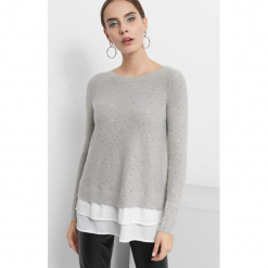 Sweter z cekinami. Szare bez kategorii Orsay, s, z elastanu, z koszulowym kołnierzykiem. Za 119,99 zł.