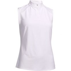 Koszula b/ręk. 500 na zawody. Białe koszule damskie FOUGANZA, bez wzorów, z elastanu, eleganckie, bez kołnierzyka, bez rękawów. Za 49,99 zł.