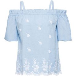 Bluzka "carmen" z haftem bonprix jasnoniebieski. Niebieskie bluzki asymetryczne bonprix, z haftami, z kołnierzem typu carmen. Za 79,99 zł.