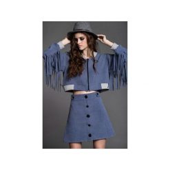 Bomber z Frędzlami Blue. Niebieskie kurtki damskie marki Kozacki Mops, s, bez wzorów, z bawełny, krótkie, bez kaptura. Za 199,00 zł.