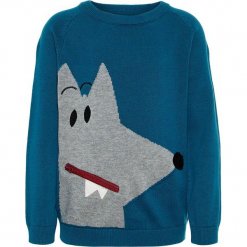 Sweter "Saks" w kolorze niebieskim. Niebieskie swetry chłopięce marki Name it Mini & Kids, z aplikacjami, z bawełny, z okrągłym kołnierzem. W wyprzedaży za 49,95 zł.