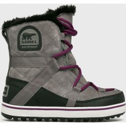 Sorel - Śniegowce Glacy Explorer Shortie. Szare śniegowce damskie marki Sorel, ze skóry. W wyprzedaży za 499,90 zł.