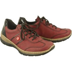 RIEKER N3220-35 red combination, półbuty damskie. Czerwone półbuty damskie Rieker, bez wzorów, bez obcasa, na sznurówki. Za 239,90 zł.