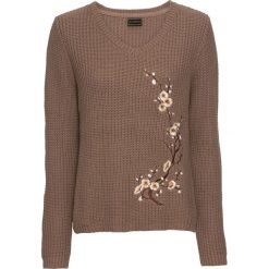 Sweter bonprix brązowy. Pomarańczowe swetry klasyczne damskie marki bonprix, z haftami, z dekoltem w serek. Za 99,99 zł.