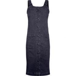 Sukienka dżinsowa ogrodniczka z plisą guzikową bonprix ciemny denim. Czarne sukienki damskie bonprix, bez wzorów, z denimu, bez kołnierzyka, bez rękawów, plisowane. Za 99,99 zł.