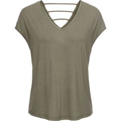 Shirt z dżerseju z ozdobnym tyłem bonprix oliwkowy. Zielone koszulki damskie bonprix, bez wzorów, z satyny, z dekoltem w serek. Za 44,99 zł.