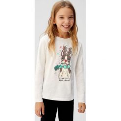 Mango Kids - Longsleeve dziecięcy Bulldog 110-164 cm. Białe bluzki dziewczęce Mango Kids, z nadrukiem, z bawełny, z okrągłym kołnierzem, z krótkim rękawem, krótkie, bez kaptura. Za 59,90 zł.