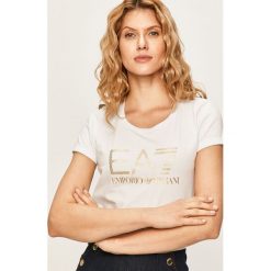 EA7 Emporio Armani - T-shirt. Czarne bluzki damskie EA7 Emporio Armani, s, z nadrukiem, z elastanu, z okrągłym kołnierzem. Za 349,90 zł.