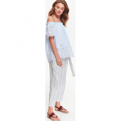HAFTOWANA BLUZKA Z ODKRYTYMI RAMIONAMI W STYLU JESSICA MERCEDES. Niebieskie bluzki damskie marki Top Secret, z haftami, eleganckie, bez kołnierzyka, bez rękawów. W wyprzedaży za 39,99 zł.