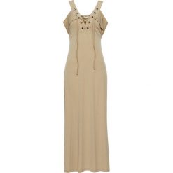 Sukienka cold-shoulder ze sznurowaniem bonprix beżowy. Brązowe sukienki damskie bonprix, bez wzorów, z dekoltem w serek, bez rękawów. Za 79,99 zł.