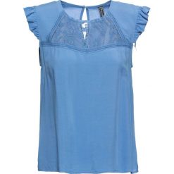 Bluzka z koronką bonprix niebieski. Niebieskie koszulki damskie bonprix, w koronkowe wzory, z koronki, z okrągłym kołnierzem. Za 59,99 zł.