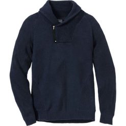 Sweter z szalowym kołnierzem Regular Fit, z bawełny z recyklingu bonprix ciemnoniebieski. Niebieskie swetry męskie bonprix, s, w paski, z bawełny, bez kołnierzyka, bez kaptura. Za 89,99 zł.