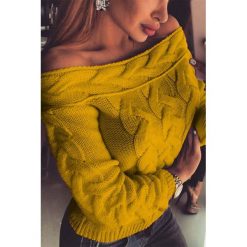 Sweter HATTIA MUSTARD. Żółte swetry damskie IVET, bez wzorów, z bawełny, z długim rękawem, długie, bez kaptura. W wyprzedaży za 49,00 zł.