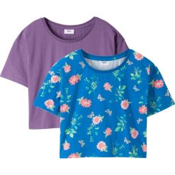 Shirt boxy (2 szt.) bonprix niebieski w kwiaty + fioletowy. Niebieskie bluzki dziewczęce bonprix, w kwiaty, bez kołnierzyka, z krótkim rękawem, krótkie, bez kaptura. Za 39,98 zł.