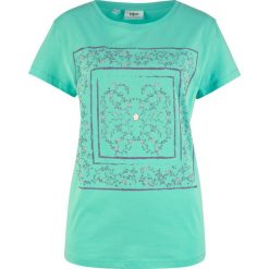 Shirt z krótkim rękawem i nadrukiem bonprix zielony morski z nadrukiem. Zielone koszulki damskie marki bonprix, z nadrukiem, bez kołnierzyka. Za 29,99 zł.