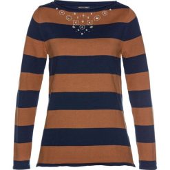 Sweter z dekoracyjnymi kamieniami bonprix ciemnoniebiesko-kasztanowy. Niebieskie swetry damskie bonprix, z aplikacjami, bez rękawów, bez kaptura. Za 109,99 zł.
