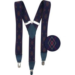 Granatowe szelki w czerwono-żółte romby i z ażurowymi skórkami SZ95. Czerwone szelki męskie Modini Moda Męska. W wyprzedaży za 99,00 zł.
