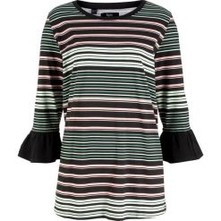Długi shirt bawełniany z falbanami, rękawy 3/4 bonprix czarny z nadrukiem. Czarne koszulki damskie bonprix, z nadrukiem, z bawełny, bez kołnierzyka, z długim rękawem. Za 59,99 zł.