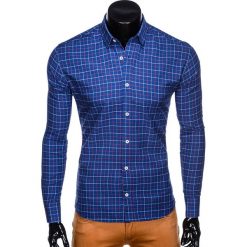 Koszula męska w kratę z długim rękawem K449 - granatowa. Niebieskie koszule męskie Ombre Clothing, s, bez wzorów, z bawełny, bez kołnierzyka, z długim rękawem. Za 39,00 zł.