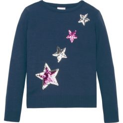 Sweter dzianinowy z cekinami bonprix ciemnoniebieski. Niebieskie swetry dziewczęce bonprix, z aplikacjami, z dzianiny, z okrągłym kołnierzem, z długim rękawem, długie, bez kaptura. Za 54,99 zł.