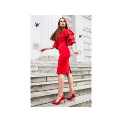 Dopasowana, czerwona sukienka - MARGARET. Czerwone sukienki damskie My image art, na co dzień, s, bez wzorów, z tkaniny, eleganckie, bez kołnierzyka, z krótkim rękawem, krótkie, mini, rozkloszowane. Za 291,20 zł.