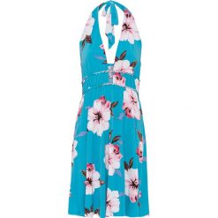 Sukienka z dekoltem halter bonprix niebiesko-jasnoróżowy w kwiaty. Niebieskie sukienki damskie bonprix, w kwiaty, z elastanu, bez kołnierzyka, bez rękawów. Za 99,99 zł.