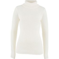Sweter z golfem, w prążek bonprix biel wełny. Białe swetry damskie bonprix, bez wzorów, z wełny, bez rękawów. Za 54,99 zł.