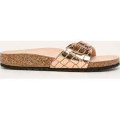 Birkenstock - Klapki Madrid. Żółte klapki damskie Birkenstock, bez wzorów, ze skóry ekologicznej, bez obcasa, na obcasie. W wyprzedaży za 219,90 zł.
