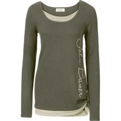 Sweter 2 w 1, długi rękaw bonprix ciemnooliwkowy. Zielone swetry rozpinane damskie bonprix. Za 84,99 zł.