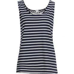 Top w paski, z koronką bonprix ciemnoniebiesko-biel wełny w paski. Niebieskie bluzki damskie bonprix, w paski, z wełny, bez kołnierzyka, bez rękawów. Za 54,99 zł.