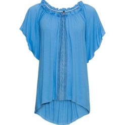 Shirt z wolantami bonprix niebieski brylant. Niebieskie koszulki damskie marki bonprix, bez wzorów, z asymetrycznym kołnierzem, bez rękawów. Za 64,99 zł.