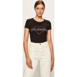 Love Moschino - T-shirt. Czarne bluzki damskie Love Moschino, z aplikacjami, z elastanu, z okrągłym kołnierzem. W wyprzedaży za 219,90 zł.