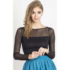 Czarna Elegancka Bluzka z Tiulem w Paski. Czarne podkoszulki damskie marki Molly.pl, s, w paski, z dzianiny, eleganckie, bez kołnierzyka, z długim rękawem. Za 98,90 zł.