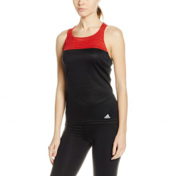 Top w kolorze czerwono-czarnym. Czarne topy sportowe damskie Adidas, Reebok, xs, z nadrukiem, z materiału. W wyprzedaży za 49,95 zł.