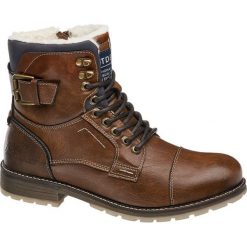 Kozaki męskie Tom Tailor koniakowe. Brązowe buty zimowe męskie marki Tom Tailor, z materiału, na sznurówki. Za 299,90 zł.