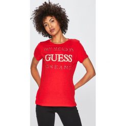 Guess Jeans - Top. Czerwone bluzki damskie marki Guess Jeans, s, z nadrukiem, z bawełny, z okrągłym kołnierzem. Za 199,90 zł.