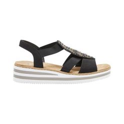 Rieker Sandały czarny female czarny 37. Czarne sandały damskie Rieker, w paski, z syntetyku, bez obcasa, z paskami. Za 249,00 zł.